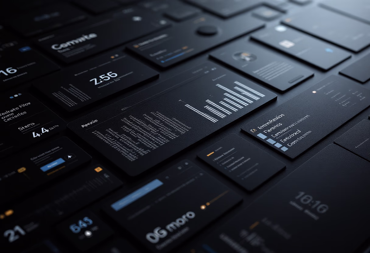 Fintech interface components on a dark background