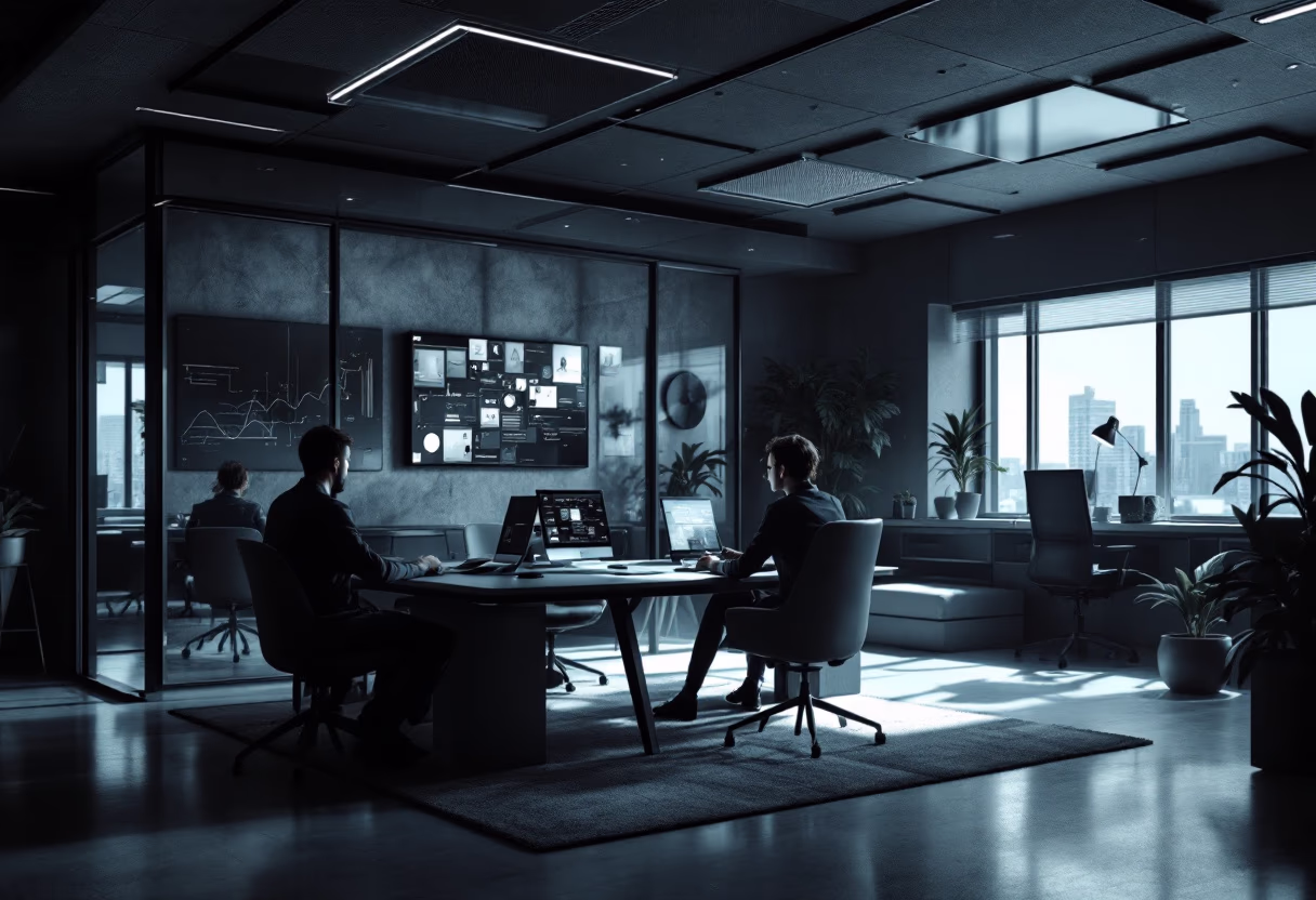 Team reviewing strategy in a dim meeting room